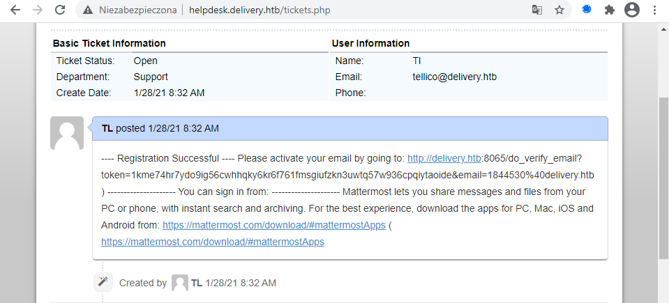 Activation email received in helpdesk